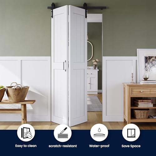 Bifold Barn Door 30" x 84", MDF Bi-Fold Sliding Closet Doors with Hardware Kit Included, Pre-Finished Easy Assembly, Water-Proof PVC Surface & Save Space, H-Frame, 34" Track for 2 Doors,White by SMARTSTANDARD - Image 3
