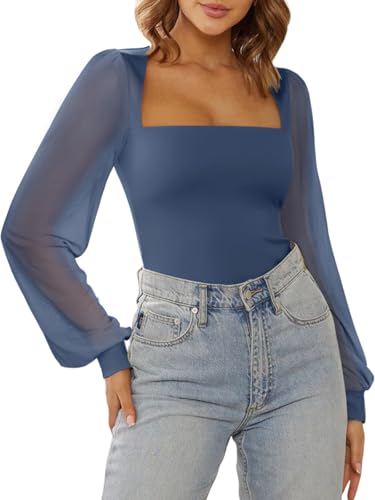 Image of PINKMSTYLE Women's Square Neck Double Lined Mesh Long Sleeve Bodysuits