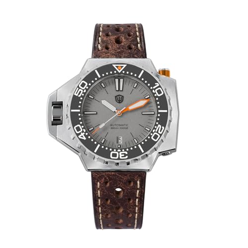 watchdives WD1968 PT5000 Automatic Dive Watch for Men Gray Dial Date Window Sapphire Crystal Watch 300M Water Resistant Full Lume Ceramic Bezel BGW9 Luminous Leather Strap Watch