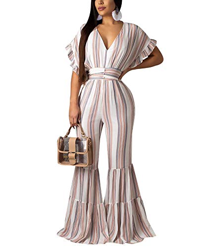 IyMoo Womens Jumpsuits - Striped Wide Leg Jumpsuits for Women Bawting Sleeve V Neck Summer Casual Pant Suits Romper White