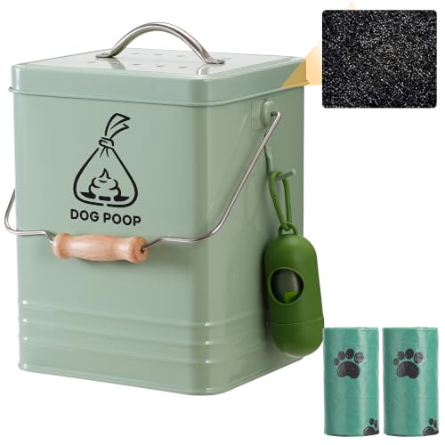 Image of Dog Poop Trash Can Outside, Metal Pet Waste Trash Can with Lid & Handle, 5L /1.3Gal Dog Waste Station with Bag Holder & 30 Bags(Green)