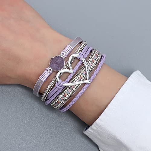 Hotoo Leather Wrap Bracelet For Women Purple Beaded Cuff Bracelet With Heart-Shape Decor Bohemian Crystal Bracelet Jewelry With Clasp Bangle Bracelet For Women Girls Birthday Holiday Gift #TOP4