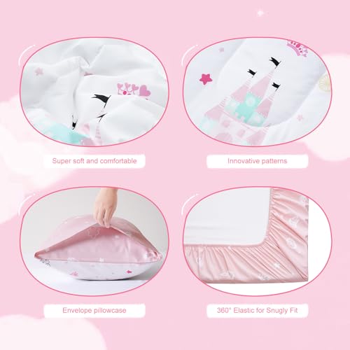 Image of david's kids 4 Piece Toddler Bedding Set - Soft Breathable Toddler Bedding Set for Girls, Includes Quilted Comforter, Flat Sheet, Fitted Sheet and Pillowcase, Princess