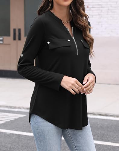 LuckyMore Women's 3/4 Sleeve Tops Cuffed Zip V Neck Business Casual Work Blouses Tunic Shirts4