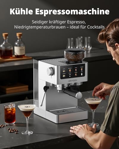 AIRMSEN Siebträger-Espressomaschine mit Kegelmahlwerk & Milchschäumer – 20 Bar Druck, Touchscreen, Programmierbar, Edelstahl, 1,8L Wassertank, für Cold Brew/Americano, Haushalts-Kaffeemaschine