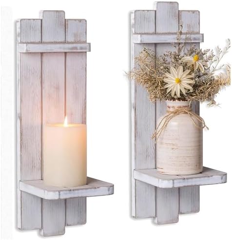 Farmhouse Candle Sconces Wall Decor: Set of Two Rustic Wood Wall ...