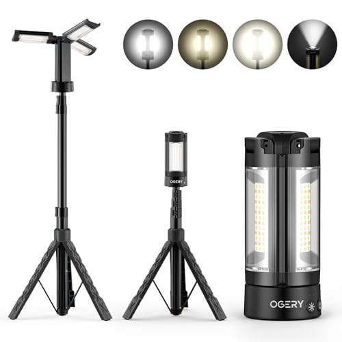 OGERY Rechargeable 10000mAh Camping Light with Stand 6.5 ft Max Height, Cordless Work Light with 3 LED Lamp Heads, 2200 Lumens Camping Essentials Gear