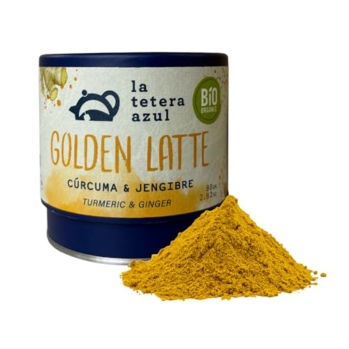 La Tetera Azul Golden Latte Ecológico 100%, Cúrcuma Latte con Jengibre, Canela y Cardamomo, Infusión Gourmet Antioxidante, 80g, Bebida Saludable y Digestiva para Disfrutar en Cualquier Momento