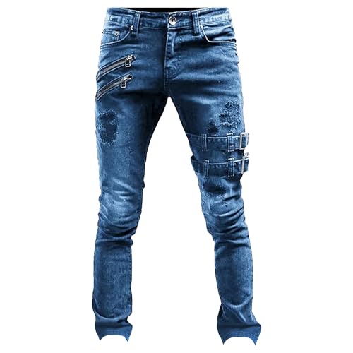 Ripped Jeans Men Skinny Fit Punk Biker Style Cargo Denim Pants with Zipper Buckle Streetwear