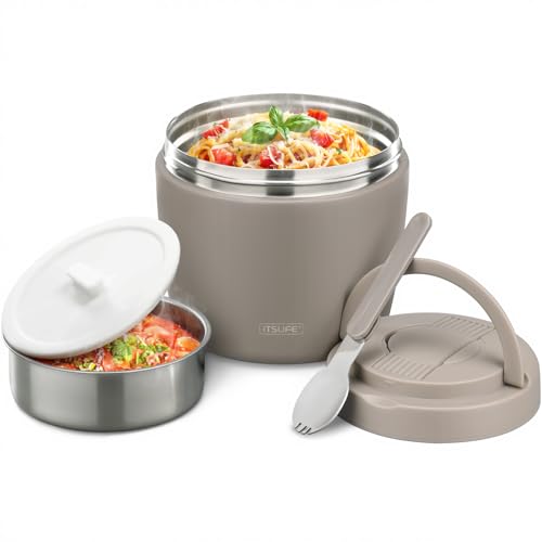 Image of Itslife 32oz Insulated Soup Thermo, Vacuum Stainless Steel Food Jar for Hot & Cold Food, Leakproof Wide Mouth Lunch Container with Spoon, Khaki