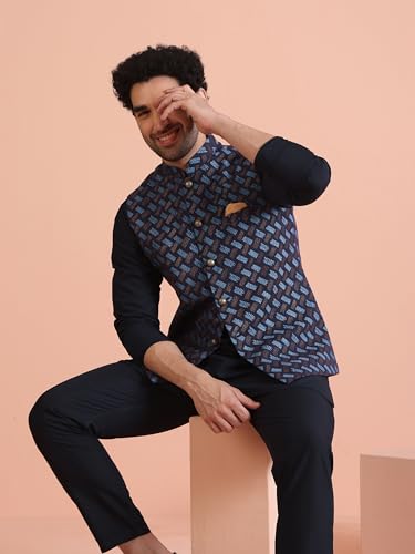 Image of KISAH Men Navy Blue Printed Nehru Jacket Ethnic Festive Waistcoat Cotton, Regular Fit