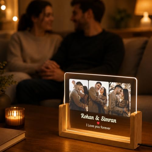 Image of Giftplease Personalized LED Acrylic Photo Frame with Custom Picture and Name, Romantic Couple Night Lamp, Wooden Base USB Table Decor, Anniversary Memory Display, Bedroom Home Accent Piece