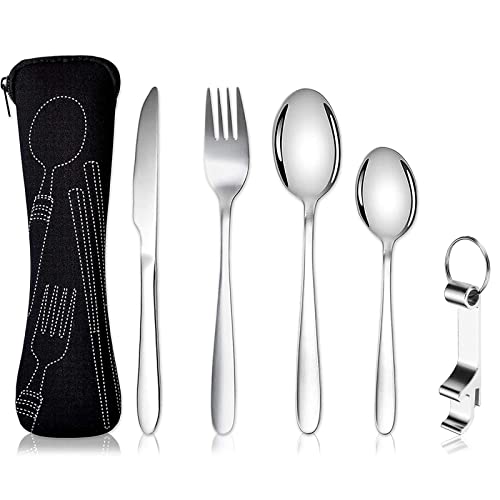 XOPOZON® Lot de 5 Couverts de Camping, Ensemble de Couverts Transportables, Couverts en Acier Inoxydable avec Sac en Néoprène Idéal pour les Voyages le Bureau et le Camping (Noir)