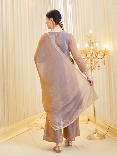 Image of MOKOSH Women's Silk Anarkali Kurta Palazzo with Dupatta | Anarkali Kurti Set | Embroidered | Sweetheart Neck Full Sleeve Ethnic Suit | 3 Piece Outfit