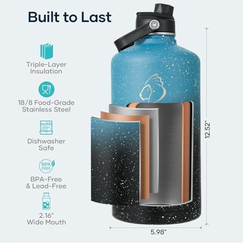 Image of BUZIO 1 Gallon Water Bottle Insulated with Dust-Proof Straw & Spout Lids
