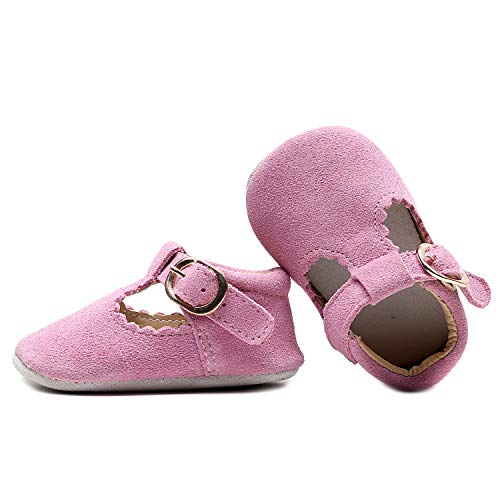 HONGTEYA Suede Leather T-bar Baby Moccasins Shoes with Soft Sole T-Strap Sandals Mary Jane Flats for Infants Prewalkers Toddlers Boys Girls (6-12 Months/ 6 M US Toddler, Pink)