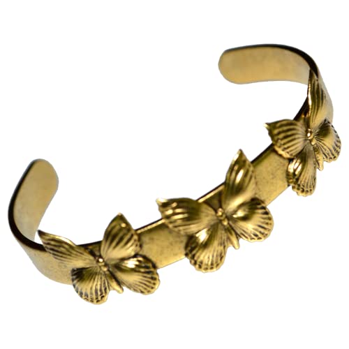 Elaine Coyne Collectible Artwear Antiqued Gold Plated Solid Brass Triple Butterfly Cuff Bracelet Made in USA