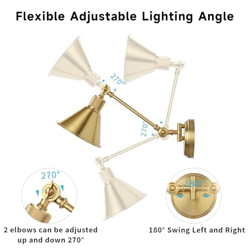 Image of TRLIFE Rechargeable Battery Operated Wall Sconces, Dimmable and Adjustable Color Temperature Wireless Wall Sconces Set of 2 with Remote Control, Gold Swing Arm Wall Light for Bedroom Bedside Hallway