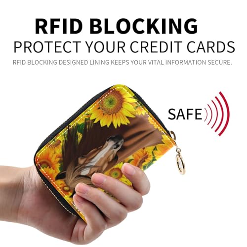 Horse Vibrant Yellow Flowers Women Wallet Zip Around Credit Card Wallets RFID Blocking Aesthetic Travel Wallet with Zipper2