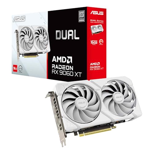 ASUS Dual Radeon RX 9060 XT 16GB GDDR6 White Edition – Carte Graphique (PCIe 5.0, HDMI 2.1b, DisplayPort 2.1a, 2.5 Slot, Ventilateurs axiaux, Technologie 0dB)
