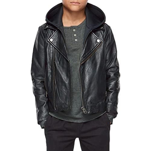 Kids Motorcycle Jacket - Genuine Black Boys Leather Jacket with Hoodie