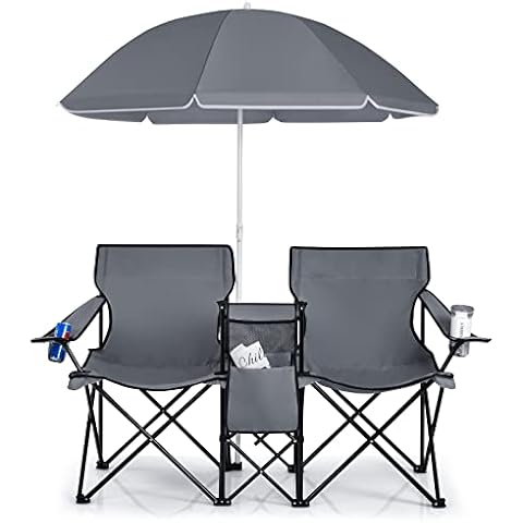 COSTWAY Portable Double Camping Chair with Umbrella Cover