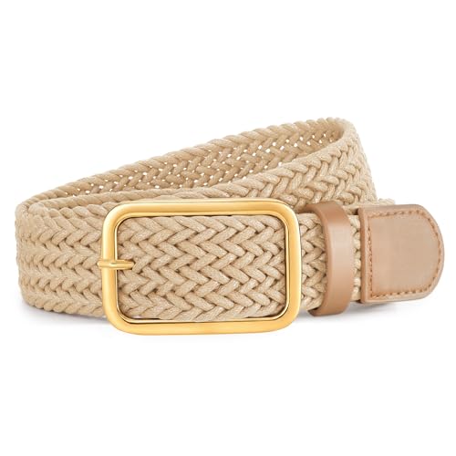 XZQTIVE Straw Woven Waist Belts for Women Fashion Boho Rattan Braided Belt with Gold Buckle for Casual Dresses Jeans, khaki, 135cm