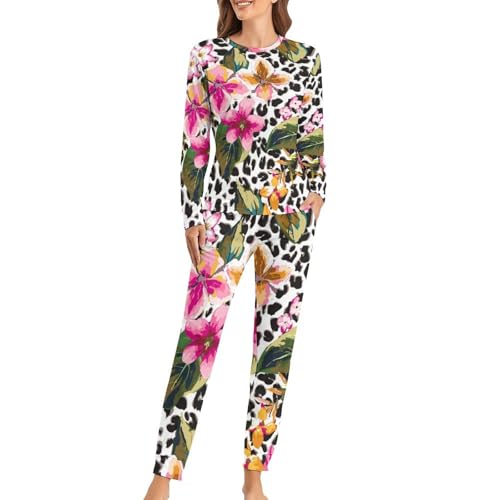Pyjama femme rose léopard ensemble deux pièces fluide à manches longues
