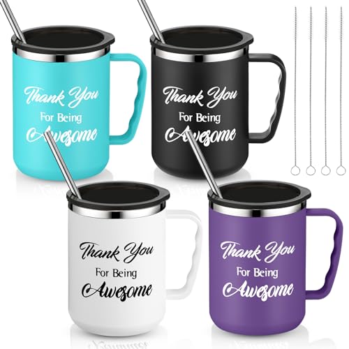 Inbagi 4 Sets Thank You Gifts 17 oz Thank You for Being Awesome Travel Tumblers with Lid Handle Inspirational Novelty Coffee Mugs Employee Appreciation Gifts for Teachers Coworkers Team(Colorful)