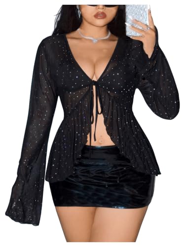 SHENHE Women's Plus Size Tie Front Sheer Mesh Top Bell Sleeve Ruffle Sparkly Sequin Party Shirt