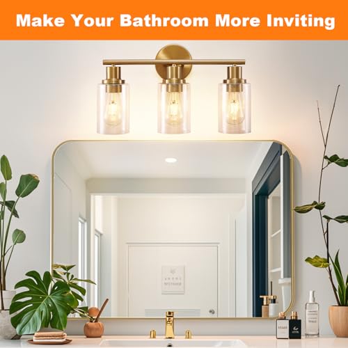 Image of DLLT 3-Light Bathroom Light Fixtures: Gold Modern Vanity Wall Lights with E26 Bulbs - Clear Glass Shade Bathroom Wall Lamp for Mirror Kitchen Living Room Hallway Cabinet Porch