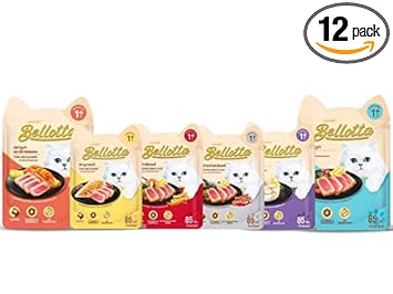 DogsnCats Bellotta Premium Wet Food for Cats and Kittens, Tuna & Salmon x 2 + Tuna x 2 + Mackerel x 2 + Tuna with Chicken x 2 + Shirasu x 2 + Shrimp x 2, orange, 85 g (Pack of 12)