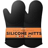 BPA-Free Silicone Oven Mitts Ultra Heat Resistant up to 500°F - Oven Mitts with Thick Cotton Liner - Long Slip Resistant Pot Holders, Flexible Oven Gloves - Black 13.7"