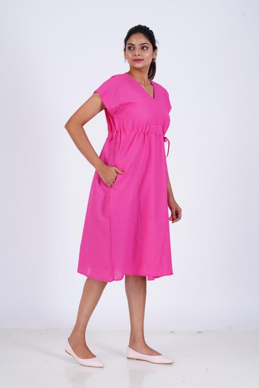 MENMAII Cotton Wrap Dress [Size - L- 4XL ] - Full Open Multipurpose Night Gown -a Kind of Adaptive Clothing with Pocket for Women |Full Length [Dark Pink Kantha Plain- XXL/Knee Length ] - Image 7 thumbnail