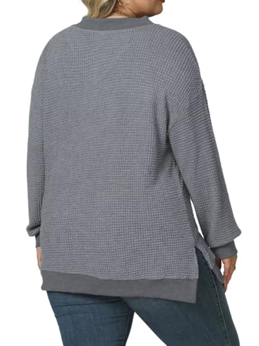 Image of DOLNINE Plus-Size-Tops for Women Casual V Neck Pullover Cute Waffle Knit Lantern Sleeve Sweaters Fashion Side Split Tunics