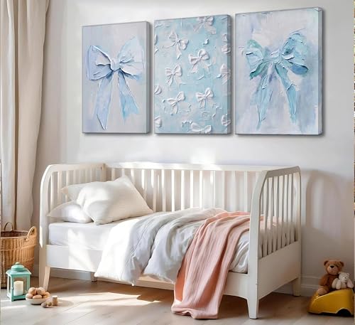 Image of 3Pcs Trendy Blue Bow Canvas Wall Art Vintage Cute Preppy Watercolor Bow Painting Pictures Wall Decor Posters Prints Girly Aesthetic for College Apartment Bedroom Decoration