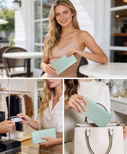 Image of Immaturus Light Green Womens Wallet, Slim Thin RFID Blocking Card Wallets, PU Leather Bifold Credit Card Holder Organizer, Minimalist Cash Clutch Long Billfold with Zipper Coin Pocket Ladies Girl Gift