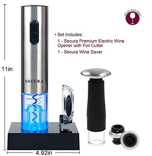 Secura 7 Pieces Wine Accessories Set Electric Wine Opener, Foil Cutter, Wine Saver Vacuum Pump And 2 Wine Stoppers #TOP1