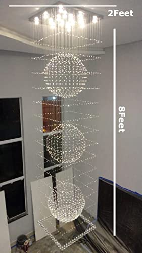 Image of Sanleen Modern Contemporary Crystal Glass Double Height Chandelier Ceiling Lighting Lamp (Design 4) | 2 Ft Width x 8 Ft Height Luxury Staircase Chandelier for Duplex, Foyer, Lobby & Villa Decor