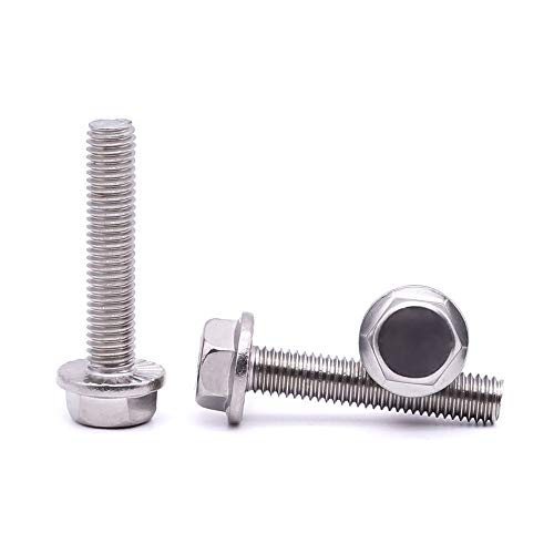 Image of M10-1.5 x 45mm Hex Flange Bolt (1.77 inch Thread Length), DIN6921, Serrated Locking Flange, 304 Stainless Steel, UNC Full Thread, 6-Pack