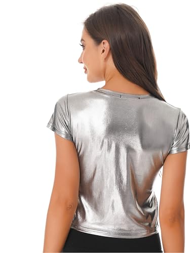 Hedmy Women's Shiny Metallic Tops Holographic Crop Top Short Sleeve T Shirt Vest Disco Party Blouse4