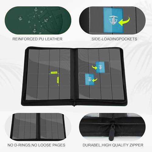 Image of 16 Pockets Trading Card Zipper Binder for 1000+ Cards| Secure Side Loading Pockets | Trading Card Album Folder | Compatible with YuGiOh, MTG,Sports Cards (Dark Green 16)