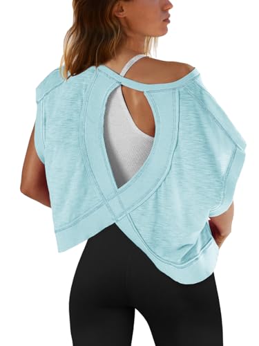 Image of SENSERISE Womens Open Back Workout Tops Backless Short Sleeve Athletic Shirt Running Crop Top Gym Yoga Tee