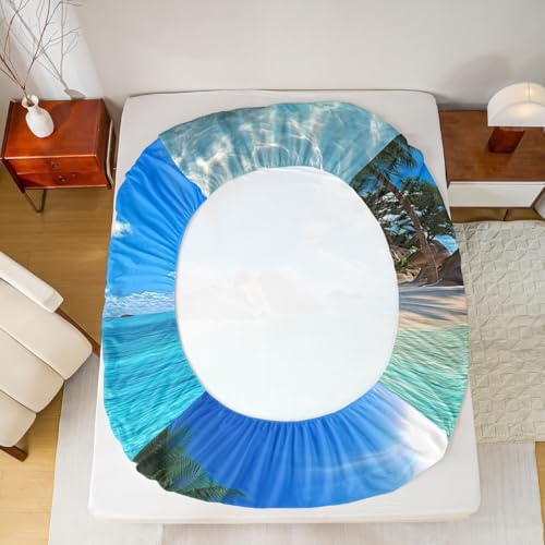 Image of jejeloiu Ocean Beach Bed Sheets Sets Full Size Kids Boys Girls Blue Sky Sea Bedding Set Tropical Palm Trees Bed Sheet Set with 16-Inch Deep Pockets 4Pcs with 2 Pillow Cases