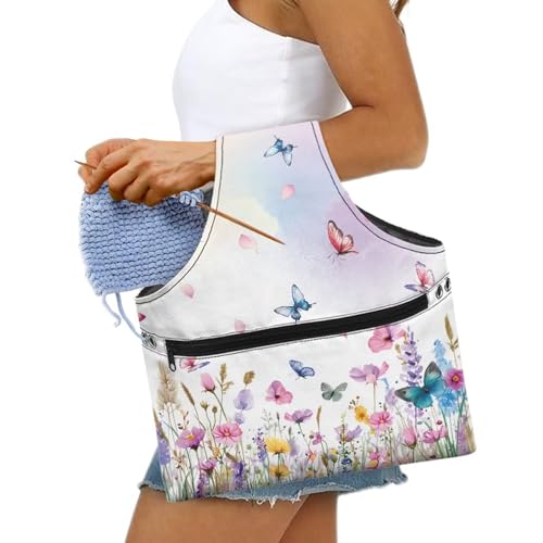 Image of ZUXONGSY Wildflower Yarn Storage Bag for Women Butterfly Knitting Project Bag Vintage Knit Wrist Bag Lightweight Crochet Organizers and Storage