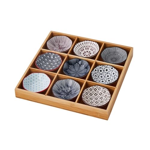Hrzisda 豆皿、小皿、セット、薬膳皿、小鉢、陶器、竹、仕切り盆、多機能食器、調味料、デザート、醤油、デザート、前菜、おかず、レストラン、鍋、焼肉店、寿司店、家庭用、業務用 (9マス格子+丸皿,スタイル5)