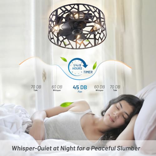 Image of 18 inch Caged Ceiling Fan with Light Vintage Black,Flush Mount Fandelier Ceiling Fan with Lights and Remote,Farmhouse Ceiling Fans for Bedroom, Kitchen, Living Room