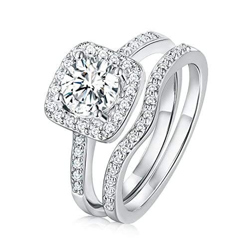 Gemsme 18K Gold Plated Two-in-One Wedding Engagement Eternity Rings Halo Cubic Zirconia Bridal Rings Set