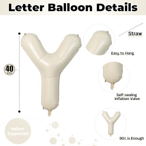 Image of 40 Inch Beige BOY Balloons, Large Cream White Sand BOY Balloon Letters with Ribbon, Ivory Alphabet Boy Balloon for Him Birthday Baby Boys Shower Boy or Girl Gender Reveal Party Decorations Supplies