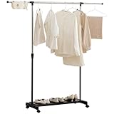 HOMCOM Tendedero Extensible con Ruedas, Tendedero de Ropa con Barra de Acero Inoxidable y Estante para Zapatos, Altura Ajustable, para Interior, Negro y Plata